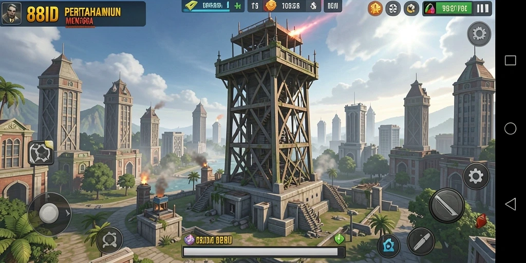 Screenshot gameplay 88ID menampilkan menara yang strategis melawan serangan musuh.
