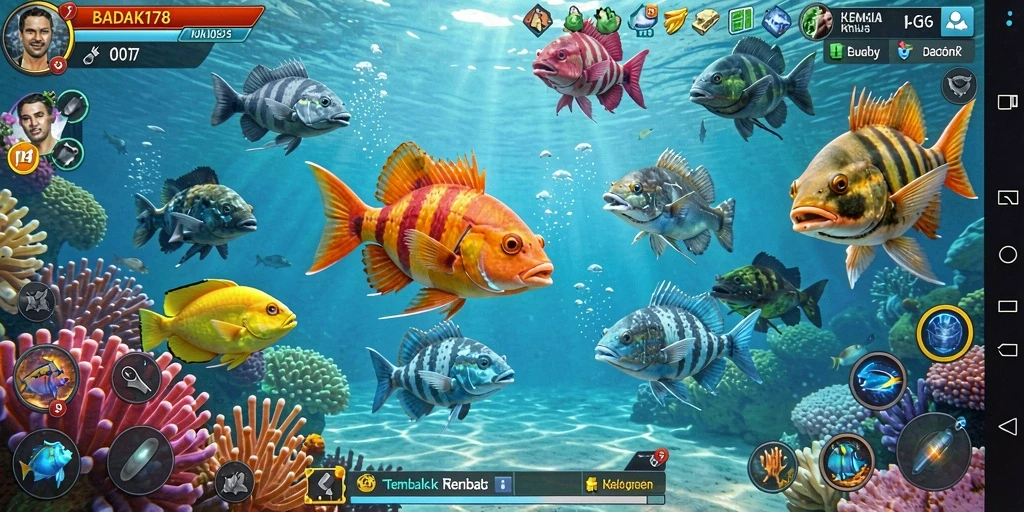 Tampilan gameplay seru dari BADAK178 yang menampilkan aksi menembak ikan.