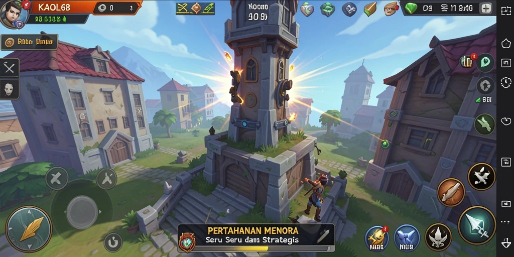 Tangkapan layar utama KAOL68 menunjukkan aksi seru dan strategi pertahanan menara.