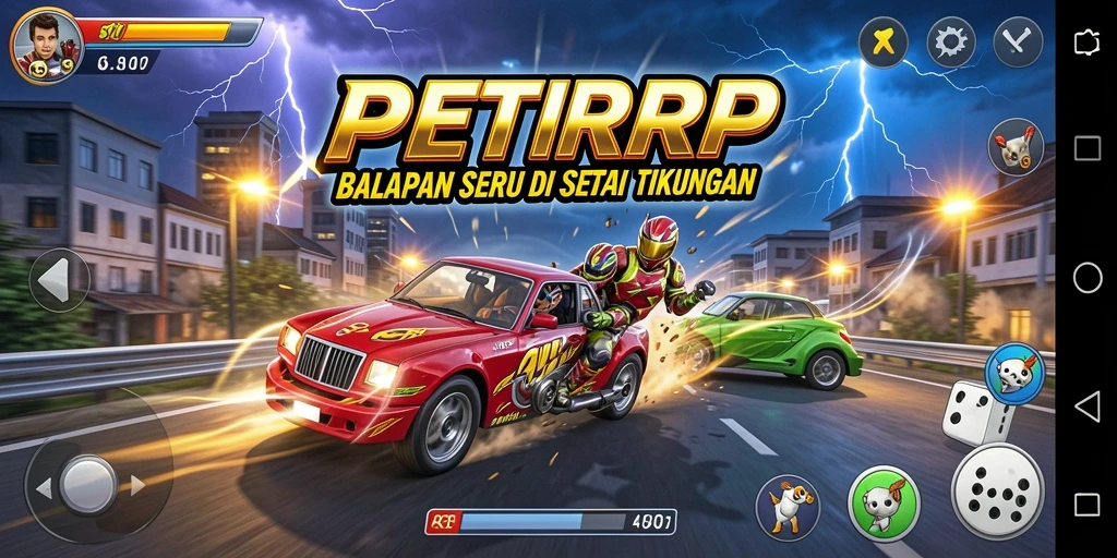 Gameplay balap seru dalam PETIRRP dengan mobil melaju kencang.