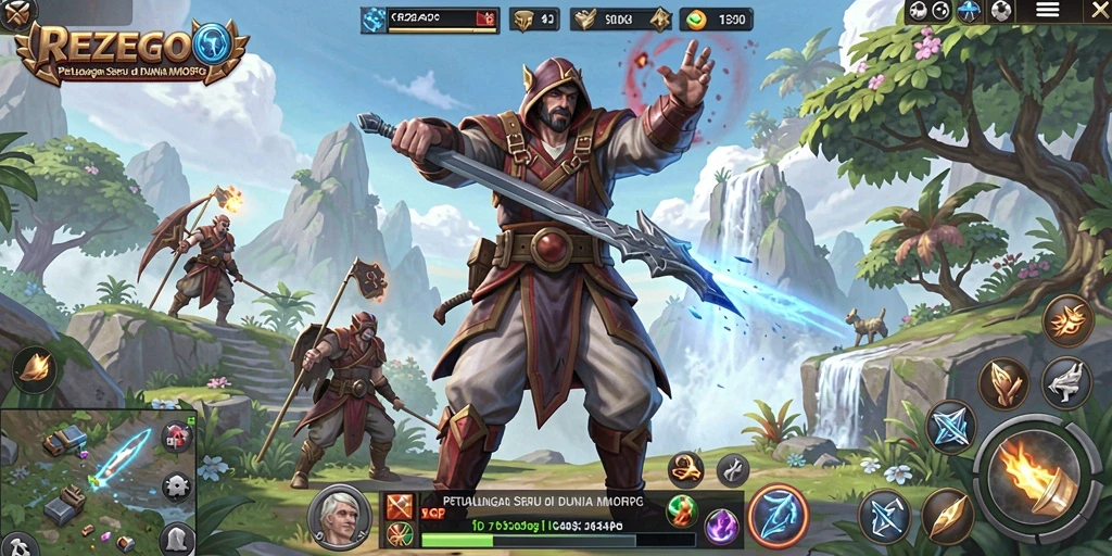 Screenshot gameplay MMORPG di REZEGO yang menampilkan aksi bertarung.