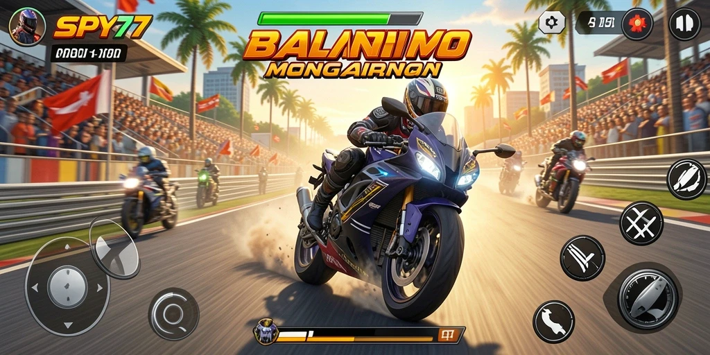 Tampilan gameplay SPY77 yang menegangkan saat balapan motor.
