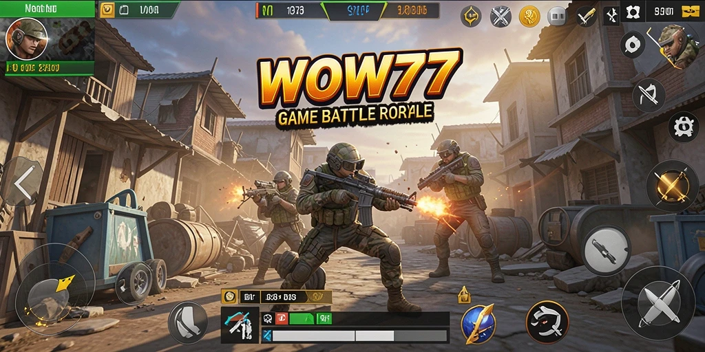 Screenshot utama menunjukkan aksi mendebarkan dalam pertempuran Battle Royale.